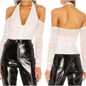 I Am Gia Womens Diego White Mesh Bodycon Top Size M Ruched Zipper Cold Shoulder